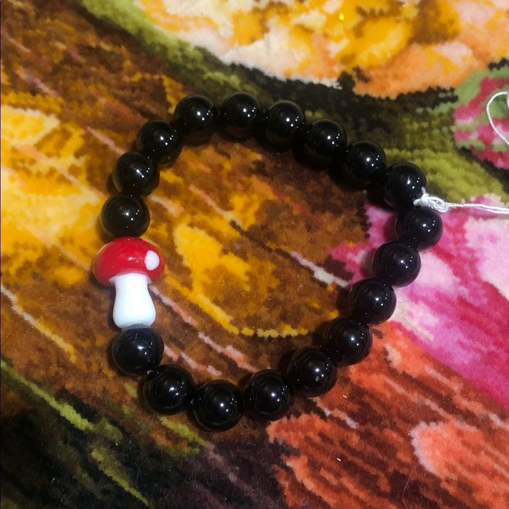 🖤 Black Obsidian Bracelet with Mushroom Charm